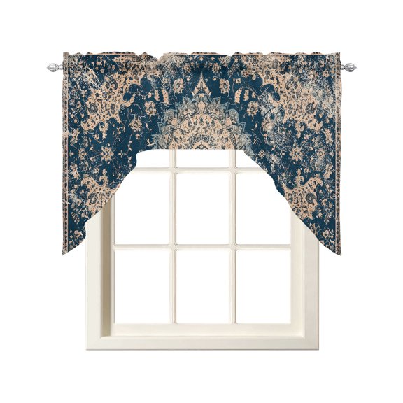 Blue Classic Swag Valance and Tier Curtains Set Medieval Retro African Pattern Kitchen Curtains 3 Piece Set Rod Pocket Panels for Bedroom Cafe 56x36 inch