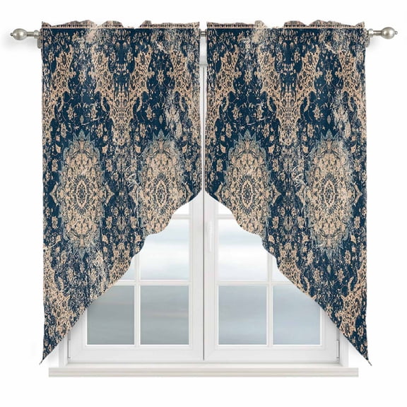 Blue Classic Swag Valances for Windows 2 Pack Medieval Retro African Pattern Swag Kitchen Curtains 36 Inches Long Rod Pocket Short Window Treatment for Kitchen Bathroom 36"x36"