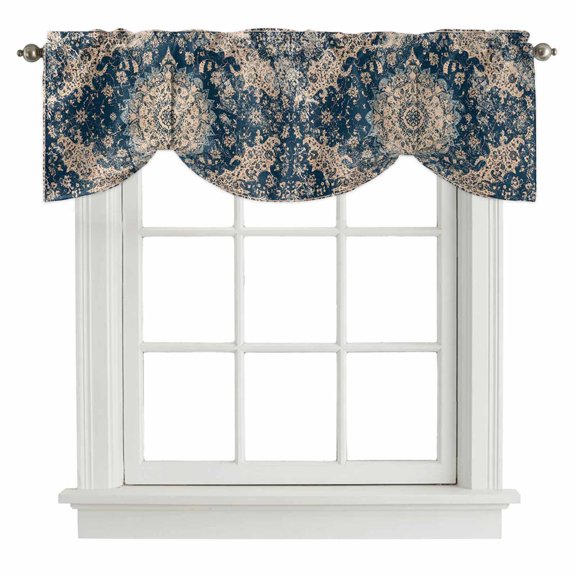 Blue Classic Tie Up Valance for Windows Medieval Retro African Pattern Adjustable Curtain Valance Rod Pocket Balloon Shade Window Treatment for Kitchen Living Room Bedroom 60x18inch