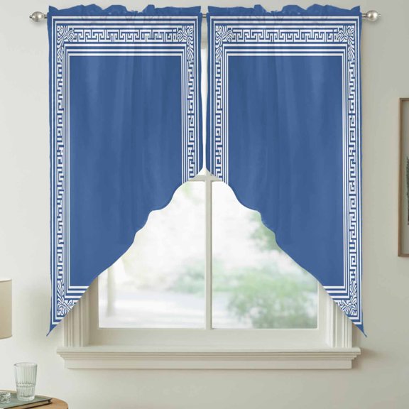 Blue Classical Greek Back Key Pattern Border Swag Valances for Windows, Rod Pocket Short Curtains, Machine Washable Kitchen Window Topper for Bathroom Living Room, 28 x 36 Inch, 1 Pair