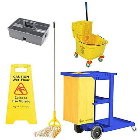 Blue Cleaning/Janitor Cart Kit with Yellow Mop Bucket, Wet Floor Sign, Mop, and Caddy - Complete Set