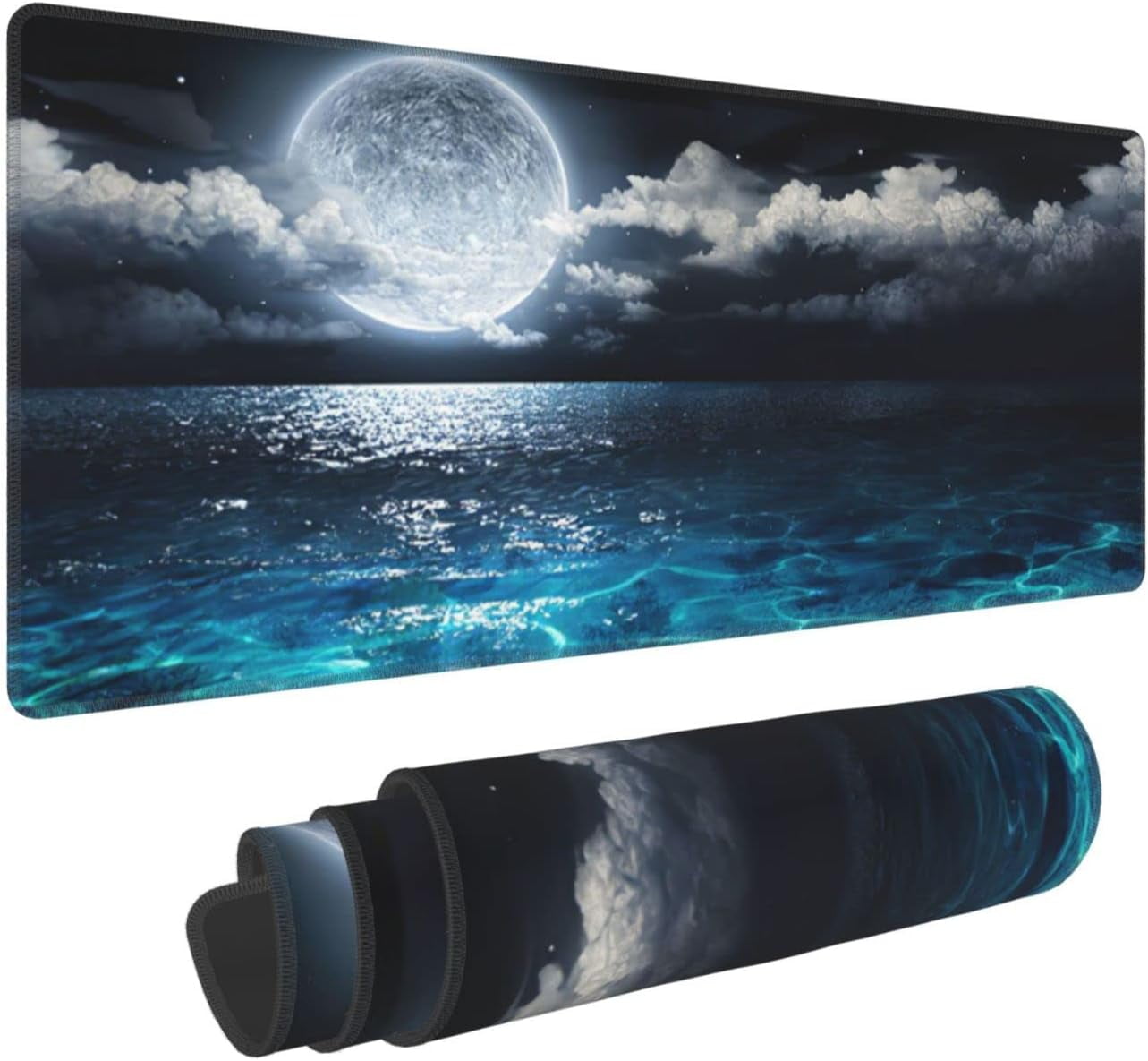 Blue Clear Ocean Moon Mouse Pad XL Extended Desk Mat, Non Slip Rubber Base Stitched Edge Gaming Pc Desktop Large Mice Pad,31.5 x 11.8 Inch