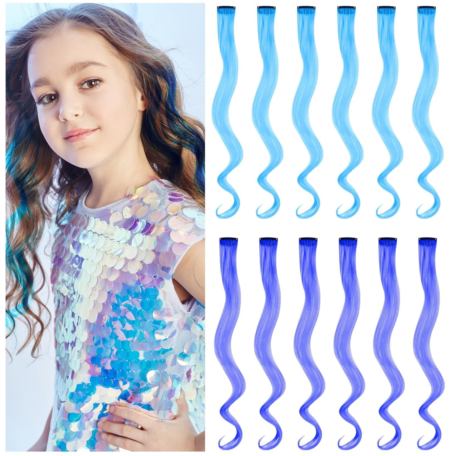 Blue Clip in Hair Extensions 12 Pieces Wavy Hair Extensions Women Girls 22 Inch