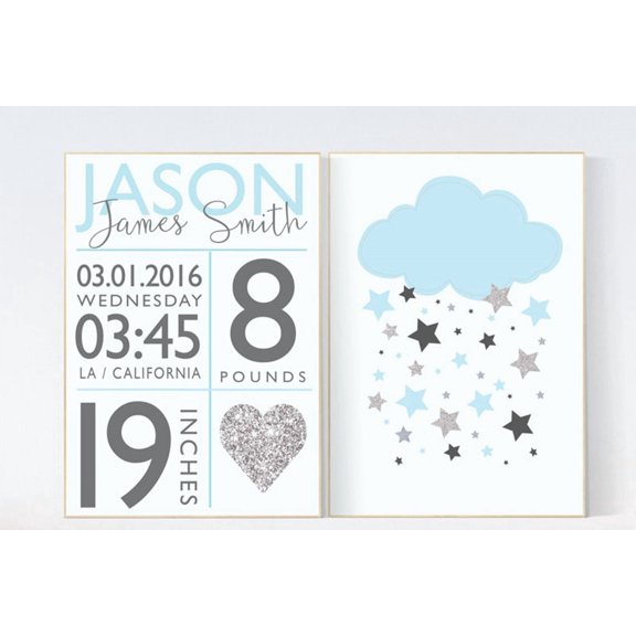 Blue Cloud Baby Boy Birth Stats Wall Art Print, Nursery, Gallery Wall And Home Decor