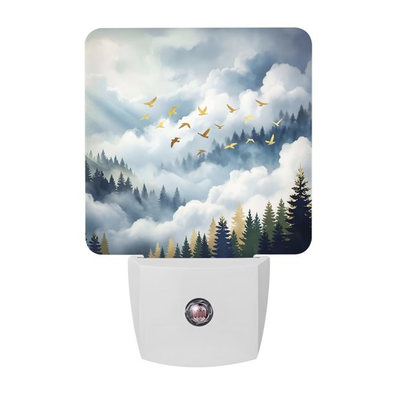 Blue Cloud Mountains Night Lights, Rustic Vintage Gold Flying Birds Landscape Smart Auto Dusk to Dawn Sensor Nightlights Plug-in Nightlight for Bedroom Bathroom Living Room Kitchen Hallway