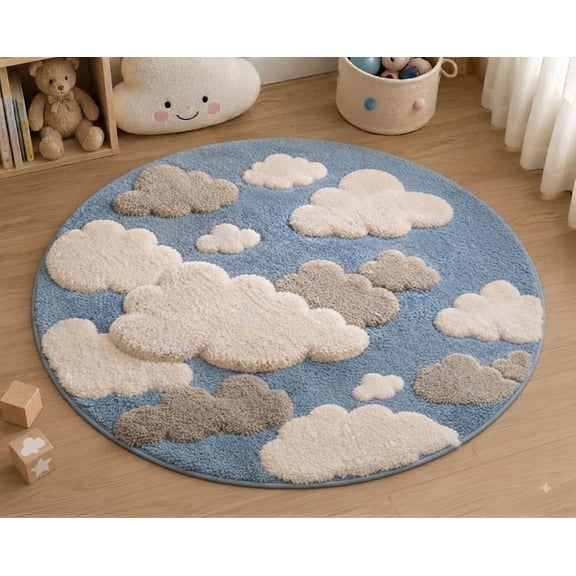 Blue Cloud Pattern Round Area Rug, Soft Plush Decorative Carpet for Bedroom, Nursery, Kids Room & Living Room, 3 3 ft