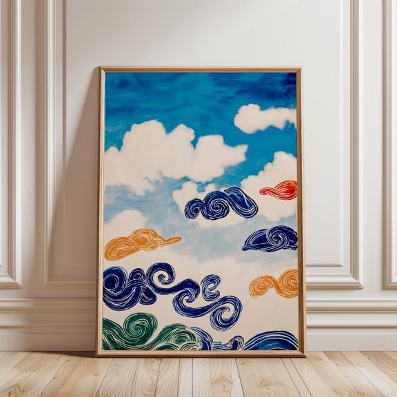 Blue Cloud Poster, Abstract Sky, Japanese Swirl Cloud Art, Poster Only