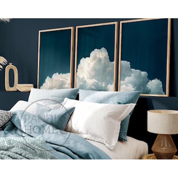 Blue Cloud Wall Art Print Set, White Sky Above Bed Decor
