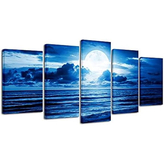 Blue Clouds Canvas Prints Wall Art Moon Sea Beach Pictures Paintings Ready to Hang for Living Room Bedroom Home Decor Modern 5 Piece Stretched Landscape Artwork