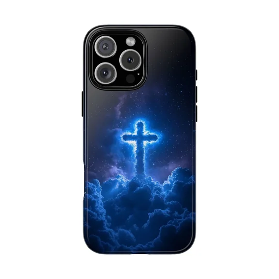 Blue Clouds Christian Cross Phone Case for iPhone 17 through 11 Pro Max