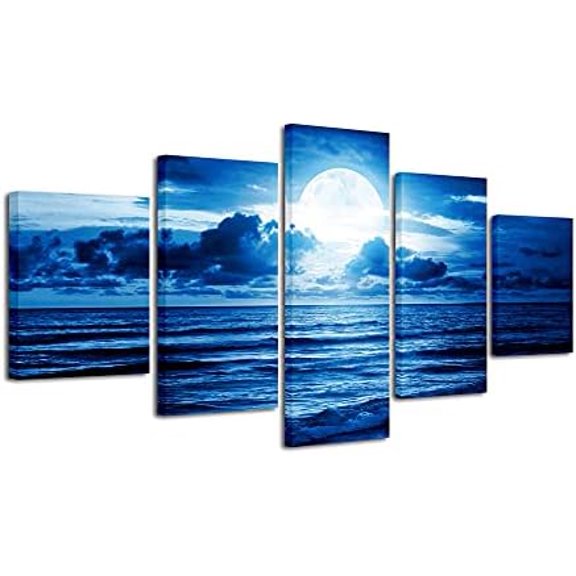 Blue Clouds Modern 5 Panels Moon Sea Beach Canvas Wall Art Large Gallery Wrapped Landscape Giclee Canvas Prints Pictures Artwork Paintings for Living Room Bedroom Home Decorations L