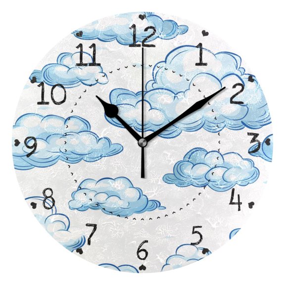 Blue Clouds Round Wall Clock Silent Analog Battery Operated Black Pointer Home Decor 9.84" Diameter