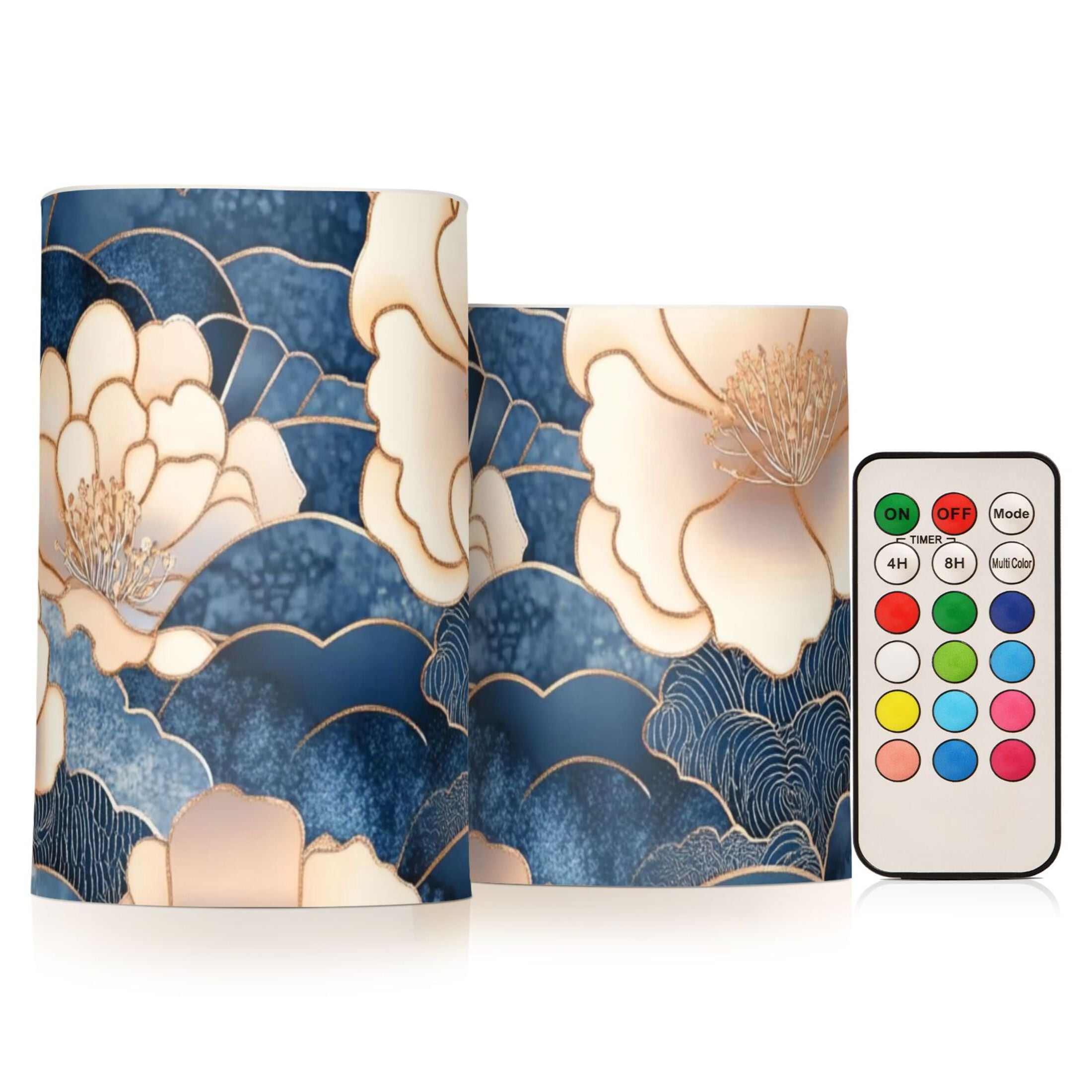 Blue Clouds and Flowers Flickering Flameless Candles Battery Operated with Remote Timer LED Pillar Candles Set of 2