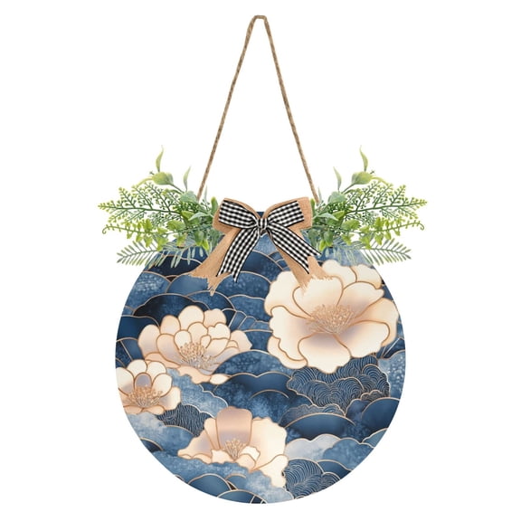 Blue Clouds and Flowers Front Door Porch Decoration Hanging Sign with Artificial Green Plants and Bow for Home Outdoor Indoor