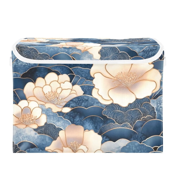 Blue Clouds and Flowers Large Storage Bins with Linen Collapsible Lid Storage Box 16.7 x 12.6 x 11.8in