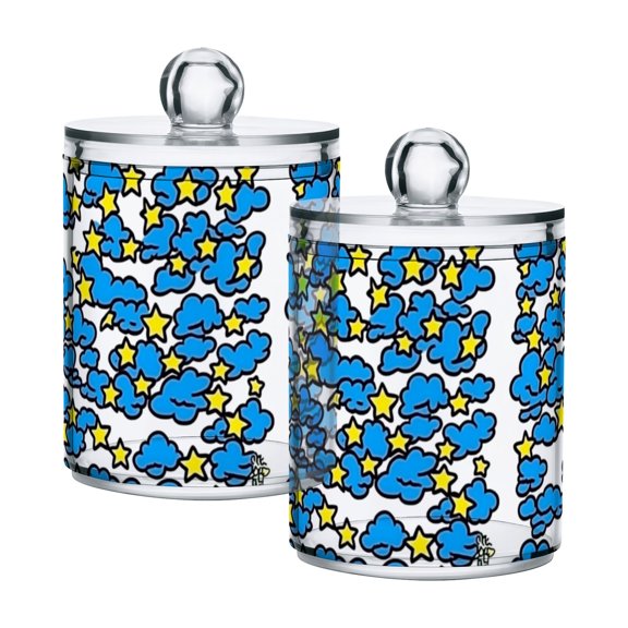 Blue Clouds and Stars Cotton Swabs Cans Translucent Plastic Canisters Dustproof Lid for Bathroom Storage