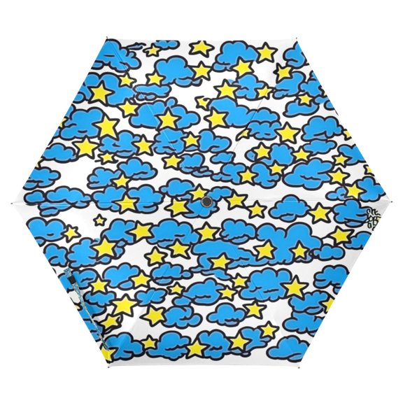 Blue Clouds and Stars Folding Umbrella UV50+ Waterproof Sun Protection Auto Open Close Compact Fiberglass Frame