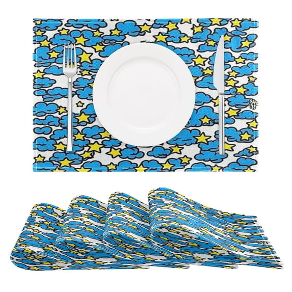 Blue Clouds and Stars Reversible Placemat Non Slip Coffee Mat 18x12 Inch for Dining, Kitchen, Coffee