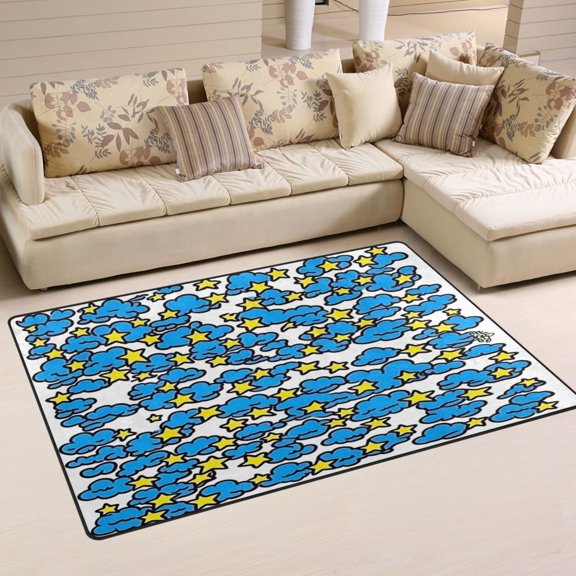 Blue Clouds and Stars Soft Polyester Area Rug 31''x20'', Non Slip, Memory Foam, Water Absorbent