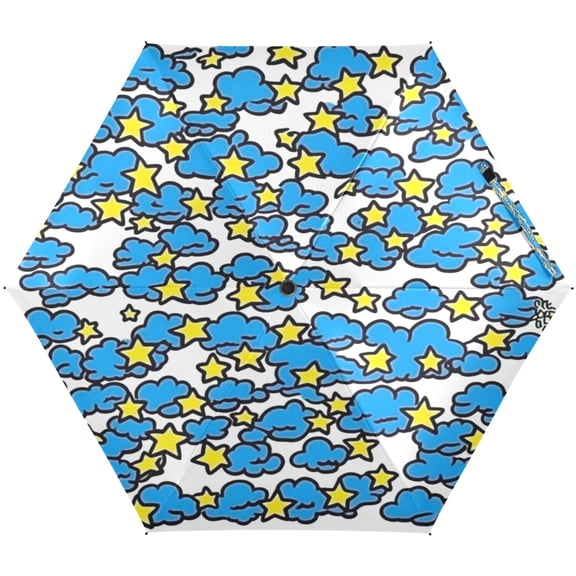Blue Clouds and Stars Umbrellas for Sun Auto Open Close UV50+ Waterproof 5-Fold Compact Fiberglass Frame