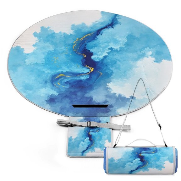 Blue Clouds with Golden Swirls 58" Round Waterproof Picnic Blanket - Foldable Outdoor Mat Extra Large, Durable for Grass, Beach Or Park