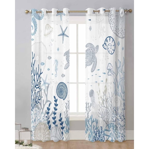 Blue Coast Living Room/Bedroom Blackout Curtains, Nautical Summer Beach Turtle Coral Kitchen Curtains, Curtains With Grommets 38"W x 54"L (Pack of 2)