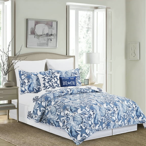 Blue Coast Shells Queen Reversible Bedspread