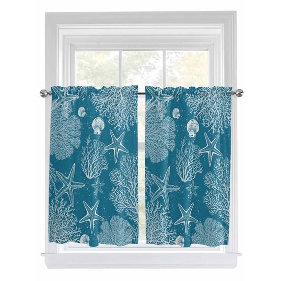 Blue Coastal 2 Panel Kitchen Curtains for Windows, Starfish Coral Summer Beach Ocean Bathroom Privacy Curtain, Home Décor Window Treatment for Bedroom/Living Room 55"x45"