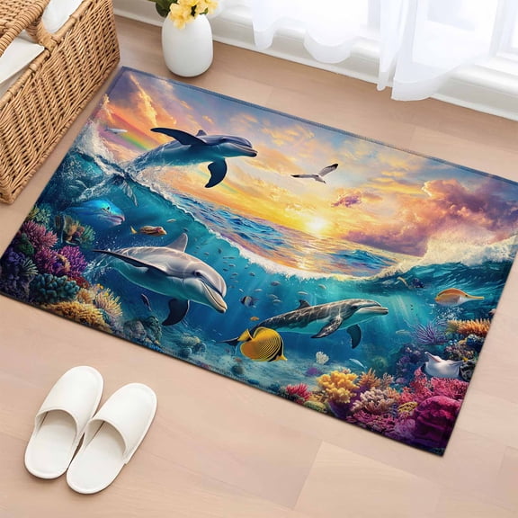 Blue Coastal 2'x3' Washable Rug, Dolphin Summer Beach Nautical Ocean Non-Slip Soft Doormat Area Rugs for Entrance Bathroom Bedsides, Front Doormat Carpet for Kitchen Bedroom, Entryway Floor Mat