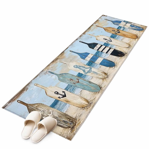 Blue Coastal 2'x6' Runner Rug, Ocean Nautical Anchor Wood Barn Beach Washable Non-Slip Area Rugs for Hallway Kitchen Floor Bedroom Entryway, Laundry Carpet Decoration Indoor Mat