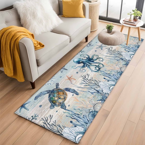 Blue Coastal 2'x6' Runner Rugs for Hallway Kitchen Bedside Non Slip Washable, Sea Turtle Octopus Coral Beach Nautical Entryway Rug Runners with Rubber Backing, Long Carpet Runner for Laundry Room