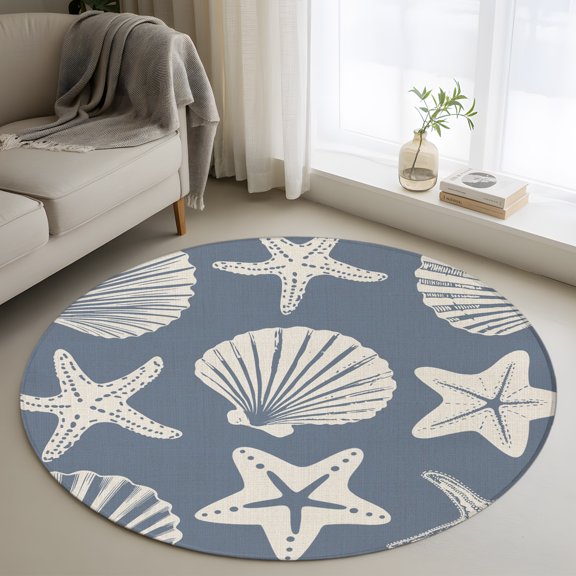 Blue Coastal 3.3' Round Rug for Bedroom Reading Corner, Starfish Shell Ocean Nautical Washable Non Slip Circle Area Rug for Living Room Dining Room, Bathroom Accent, Entryway, Beside Bed