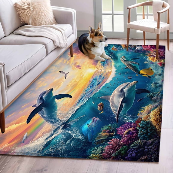 Blue Coastal 3'x5' Washable Rug, Dolphin Summer Beach Nautical Ocean Non-Slip Area Rugs for Entryway Kitchen Classroom, StainResistant Dorm Throw Carpet, Low Pile Soft Indoor Floor Mat
