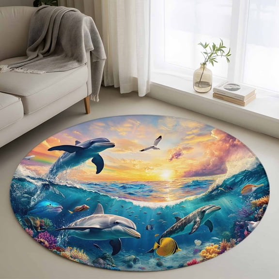 Blue Coastal 3ft Area Rug, Dolphin Summer Beach Nautical Ocean Washable Non-Slip Small Round Rugs for Entryway Bedroom Kitchen, Soft Circle Carpet for Dining Room, Playroom Nursery Rug