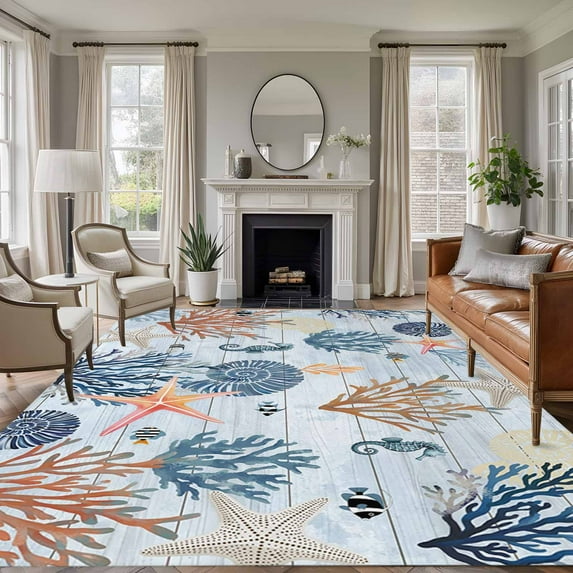 Blue Coastal 6'x9' Area Rug for Living Room, Coral Shell Starfish Seahorse Summer Beach Non-Slip Floor Mat Rugs for Bedroom Dining Room, Indoor Large Carpet for Classroom, Nursery Rugs for Playroom