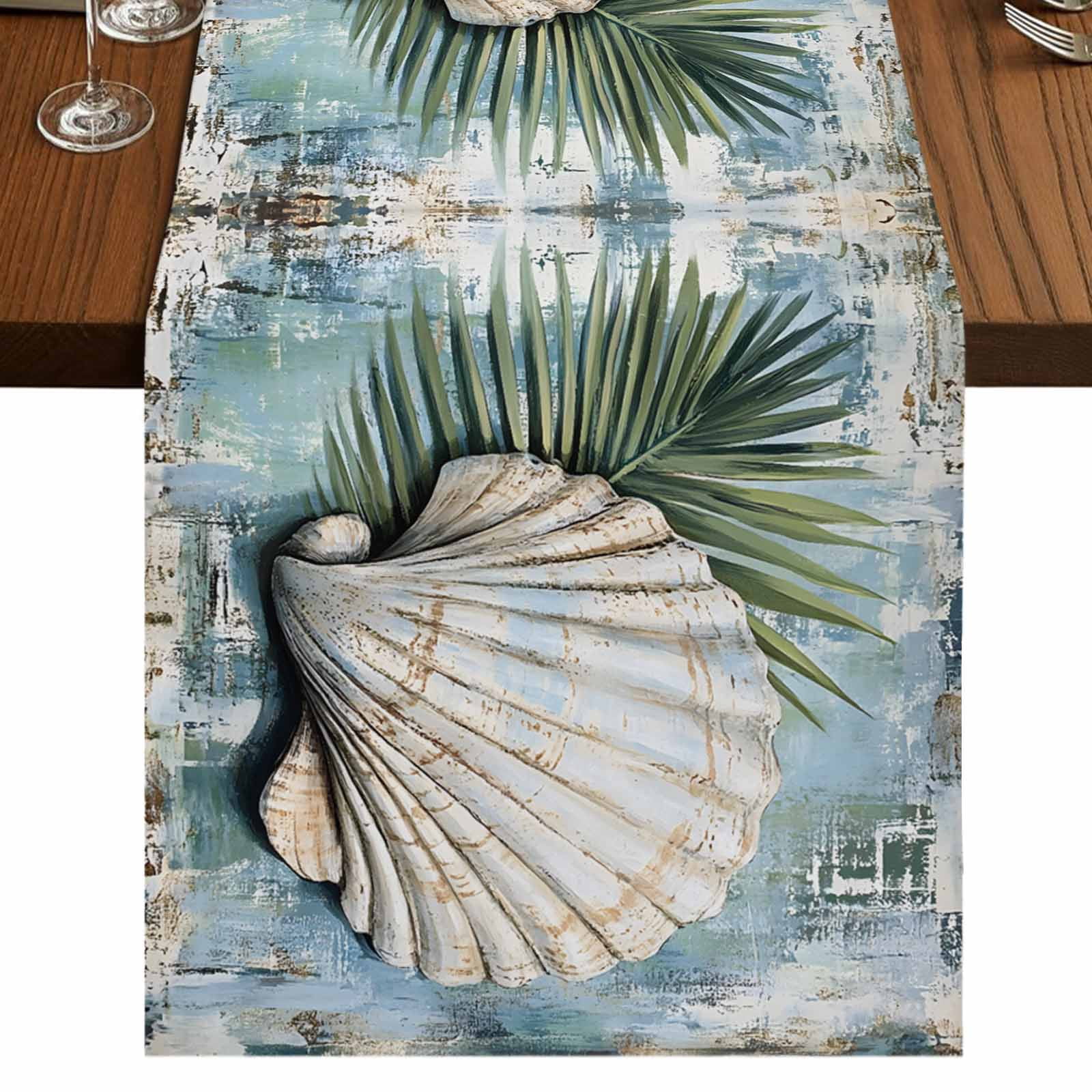 Blue Coastal 60 Inch Table Runner, Retro Botanical Beach Nautical Shell ...