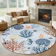 thumbnail image 1 of Blue Coastal 6ft Round Rugs, Coral Shell Starfish Seahorse Summer Beach Washable Non-Slip Area Rugs for Living Room Bedroom Kitchen, Soft Low Pile Dining Room Kicthen Circle Carpet, Indoor Floor Rug, 1 of 9