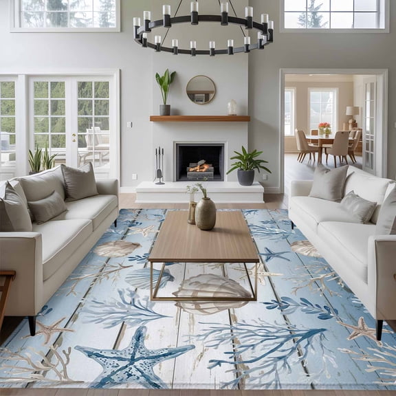 Blue Coastal 8x10 Area Rug for Living Room Sectional Sofa, Summer Starfish Shell Coral Nautical Wood Grain Washable Non Slip Large Rectangle Area Rug