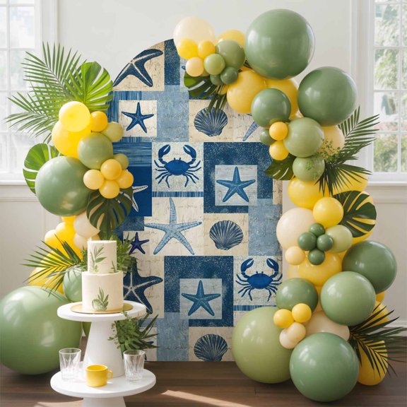 Blue Coastal Arch Backdrop Cover, 4FT, Summer Ocean Shell Crab Retro Ocean Spandex Arch Covers Double-Sided Backdrop for Wedding Birthday Party Photo Background Decoration