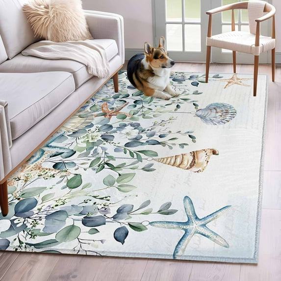 Blue Coastal Area Rug 3x5 Washable Rug Non Slip Eucalyptus Leaves Summer Beach Starfish Large Area Rug Indoor Floor Carpet for Entryway Bedroom Kitchen Living Room Home Office Dining Room Nursery