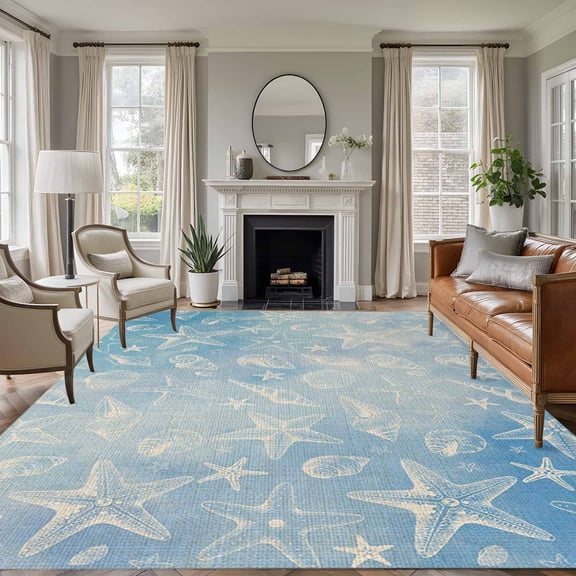 Blue Coastal Area Rug 5x7 Washable Rug Non Slip Summer Ocean Starfish Conch Seashells Large Area Rug Soft Stainresistant Indoor Floor Carpet for Living Room Bedroom Home Office Dining Room Nursery
