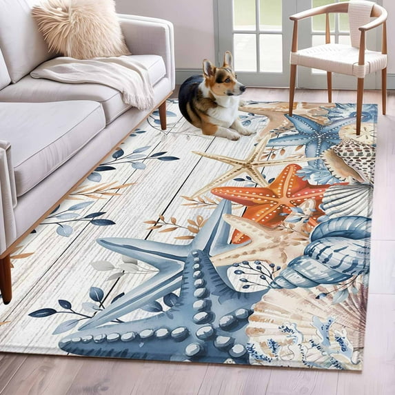 Blue Coastal Area Rugs 2.7'x5', Washable Small Throw Rugs for Kitchen Bedroom, Summer Beach Starfish Weeping Eucalyptus Wooden Indoor Outdoor Rug Non-Slip Low Pile Carpet Runner Reversible Floor Mats