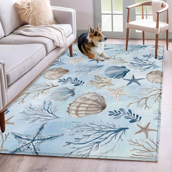 Blue Coastal Area Rugs 3'x5', Washable Small Throw Rugs for Living Room Bedroom, Country Nautical Starfish Coral Seashells Indoor Outdoor Rug Non-Slip Low Pile Carpet Runner Reversible Floor Mats