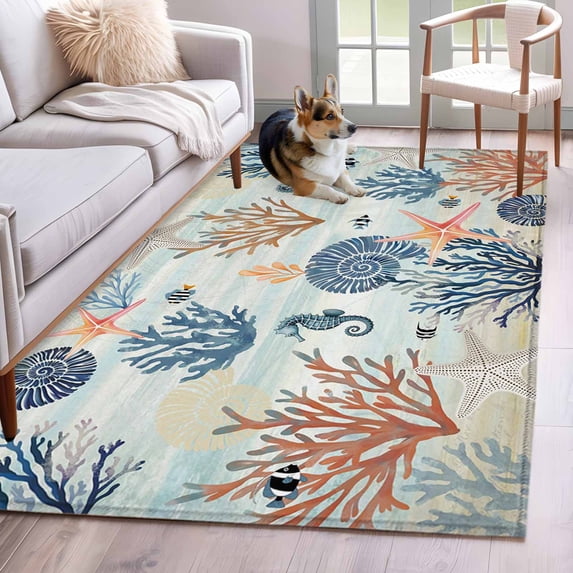 Blue Coastal Area Rugs 4'x6', Washable Small Throw Rugs for Office Bathroom, Summer Beach Coral Shell Starfish Seahorse Indoor Outdoor Rug Non-Slip Low Pile Carpet Runner Reversible Floor Mats