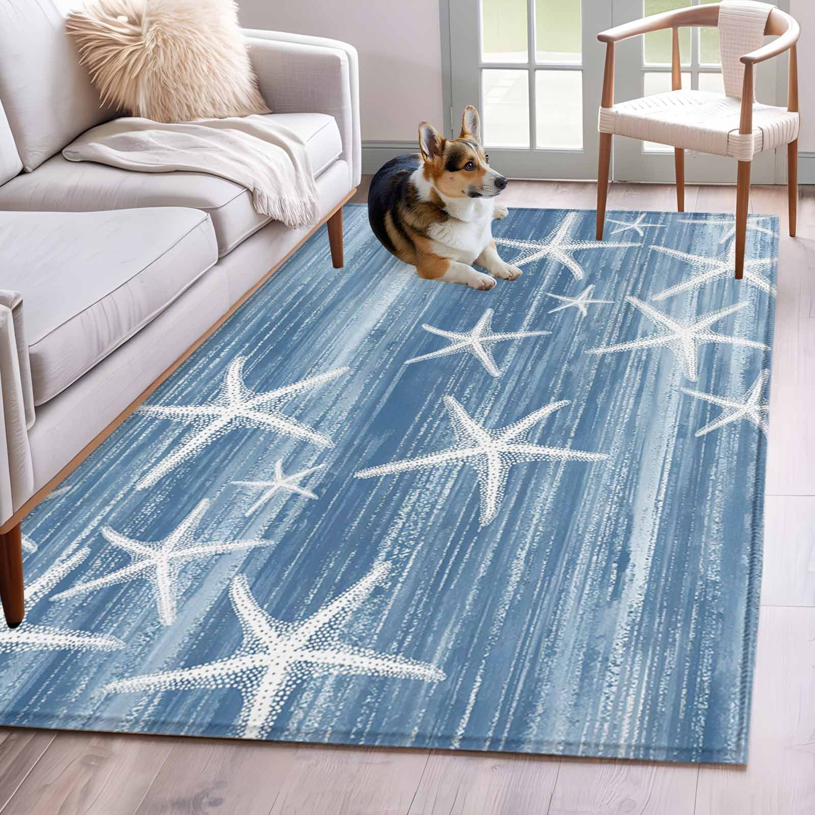 Blue Coastal Area Rugs 4'x6', Washable Small Throw Rugs for Office Bathroom, Summer Ocean Waves Ombre Sea Starfish Indoor Outdoor Rug Non-Slip Low Pile Carpet Runner Reversible Floor Mats