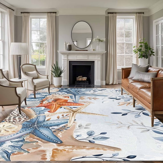 Blue Coastal Area Rugs 5'x7', Small Throw Rugs for Laundry Room Playroom, Summer Beach Starfish Weeping Eucalyptus Ombre Indoor Outdoor Rug Non-Slip Low Pile Carpet Runner Reversible Floor Mats
