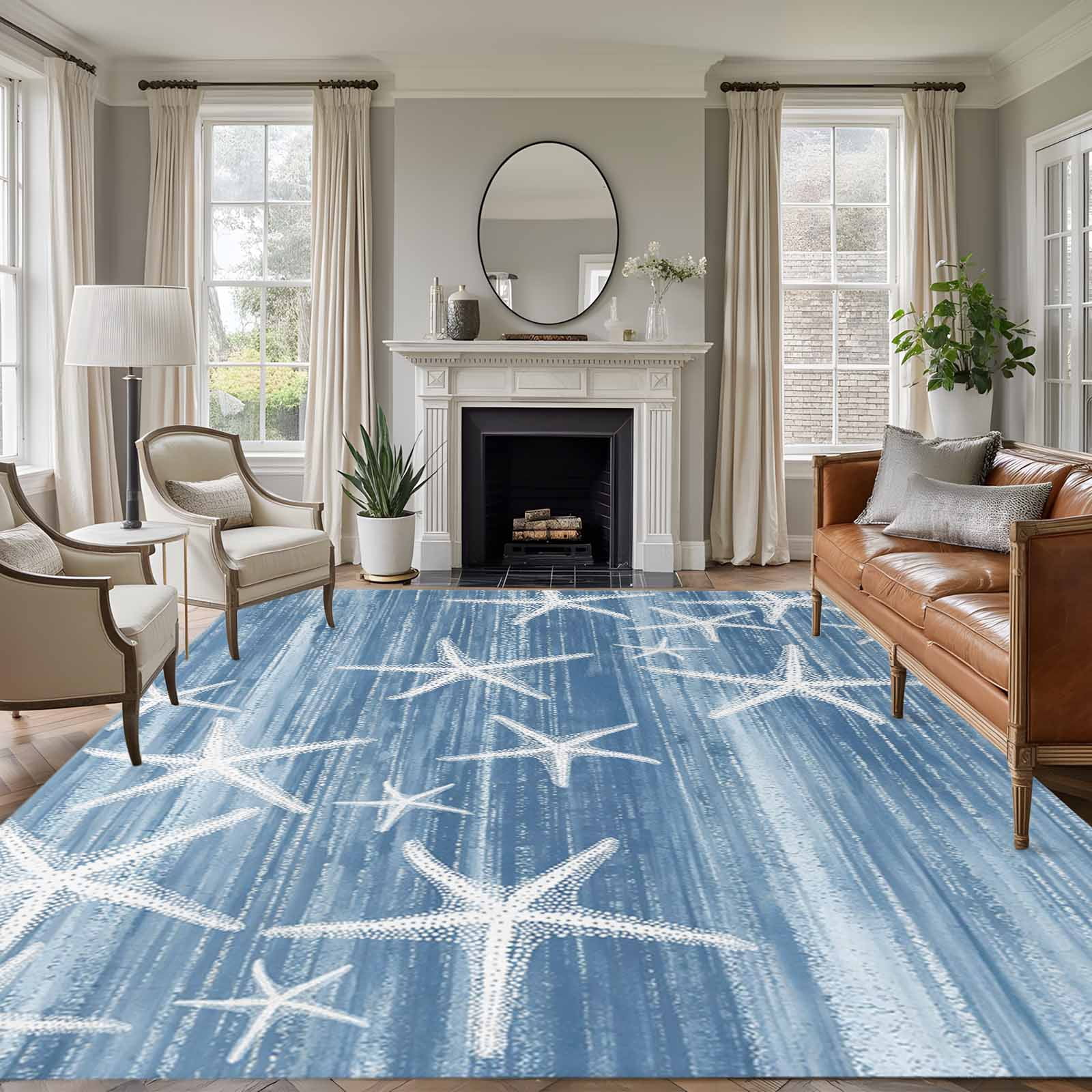 Blue Coastal Area Rugs 5'x7', Washable Small Throw Rugs for Laundry Room Playroom, Summer Ocean Waves Ombre Sea Starfish Indoor Outdoor Rug Non-Slip Low Pile Carpet Runner Reversible Floor Mats