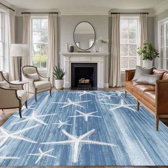 Blue Coastal Area Rugs 5'x7', Washable Small Throw Rugs for Laundry Room Playroom, Summer Ocean Waves Ombre Sea Starfish Indoor Outdoor Rug Non-Slip Low Pile Carpet Runner Reversible Floor Mats