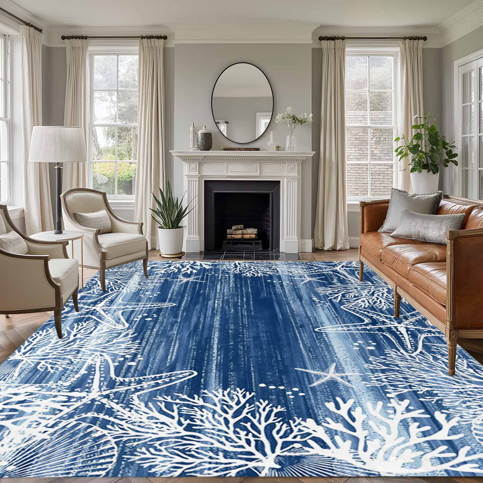 Blue Coastal Area Rugs 5'x8', Washable Small Throw Rugs for Classroom Bedroom, Summer Ocean Sea Waves Starfish Corals Indoor Outdoor Rug Non-Slip Low Pile Carpet Runner Reversible Floor Mats