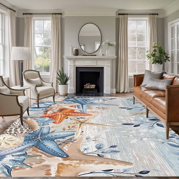 Blue Coastal Area Rugs 6'x9', Small Throw Rugs for Kitchen Dining room, Summer Beach Starfish Weeping Eucalyptus Vintage Indoor Outdoor Rug Non-Slip Low Pile Carpet Runner Reversible Floor Mats